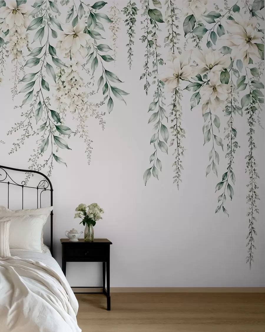 Fotobehang Overlappende bloemen en groen blad op een lichte achtergrond w05736