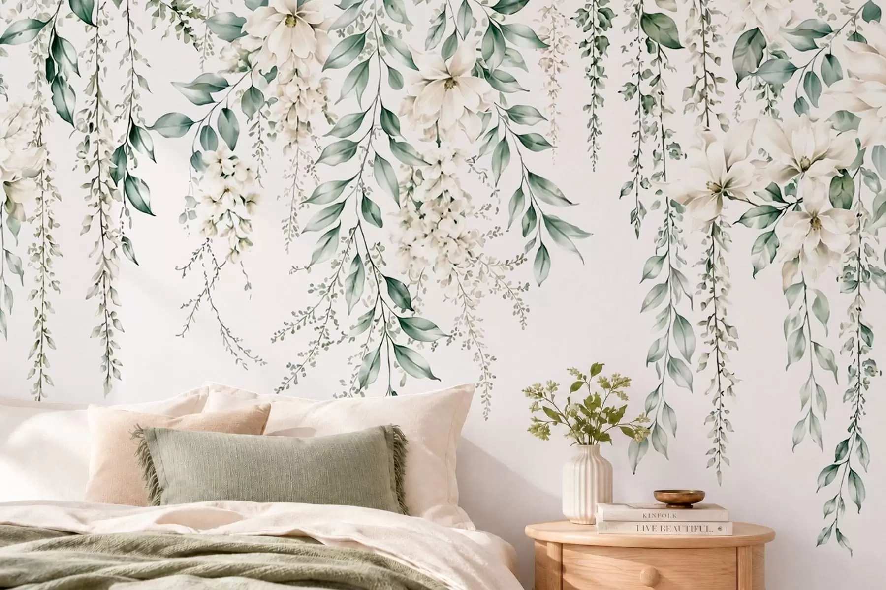 Fotobehang Overlappende bloemen en groen blad op een lichte achtergrond w05736