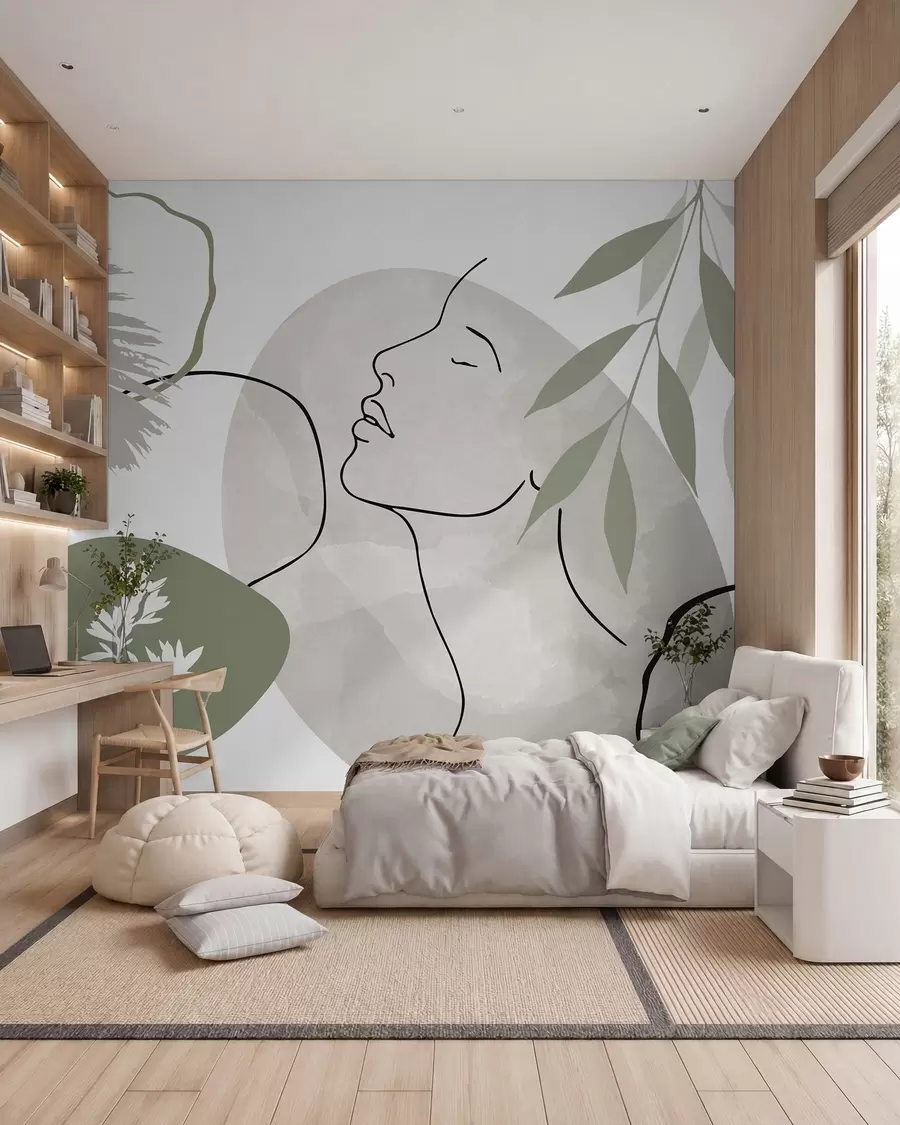 Fotobehang Abstracte voorstelling met begroeiing en het silhouet van een gezicht w05776v1