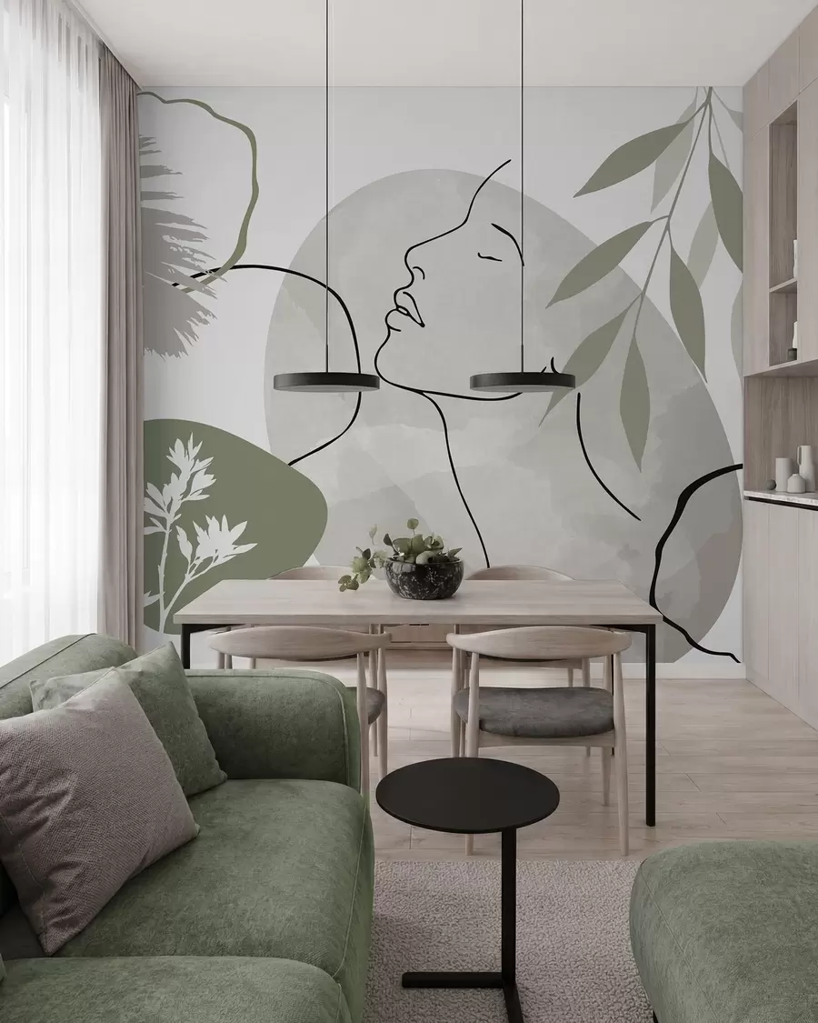 Fotobehang Abstracte voorstelling met begroeiing en het silhouet van een gezicht w05776v1