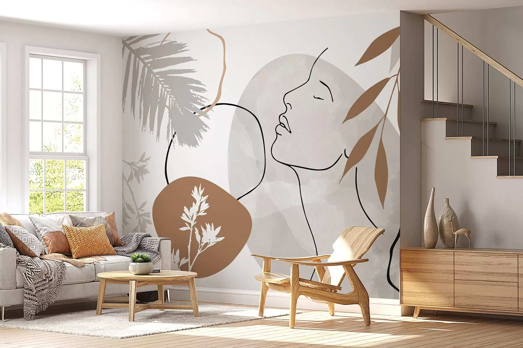 Fotobehang Abstracte voorstelling met begroeiing en het silhouet van een gezicht w05776