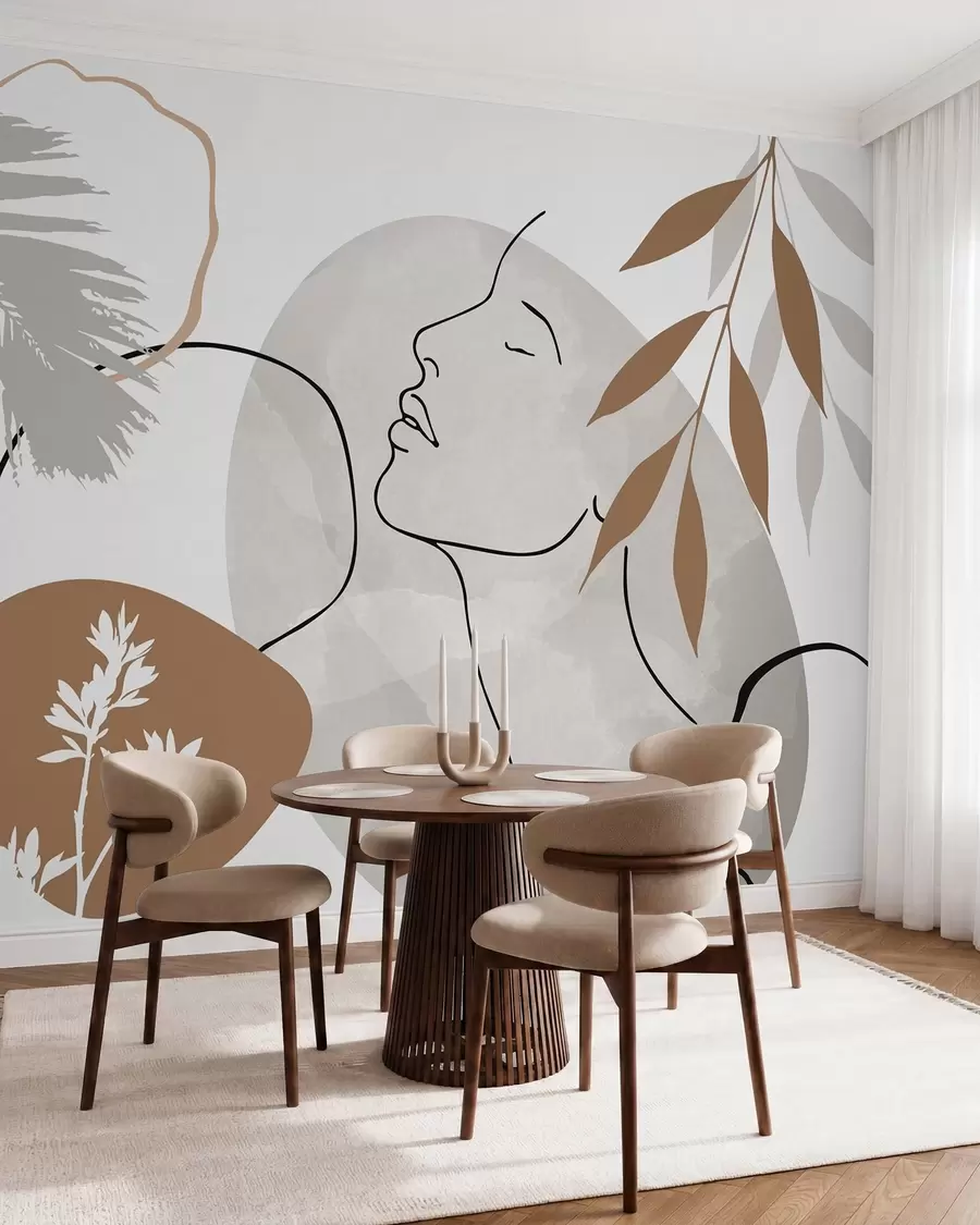 Fotobehang Abstracte voorstelling met begroeiing en het silhouet van een gezicht w05776