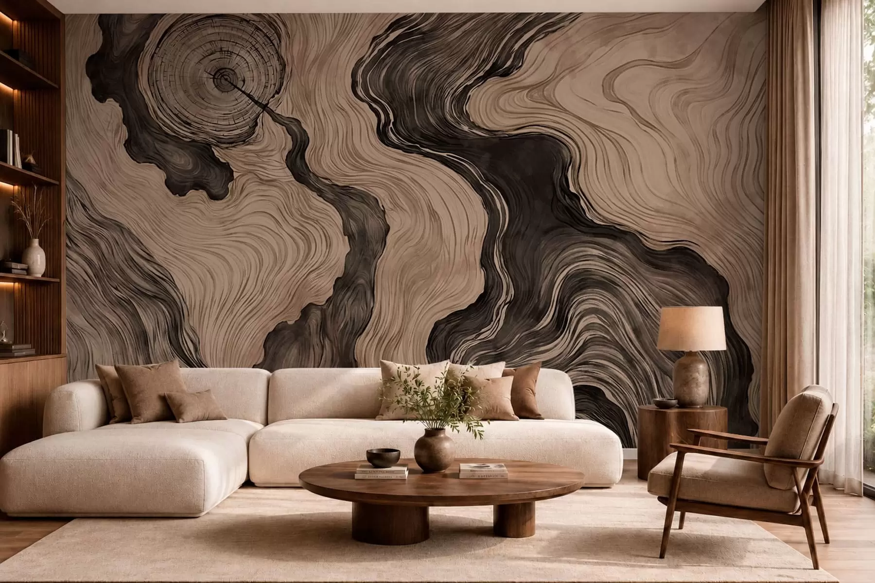 Fotobehang Een abstract patroon met een lineair houtnerfmotief w05729