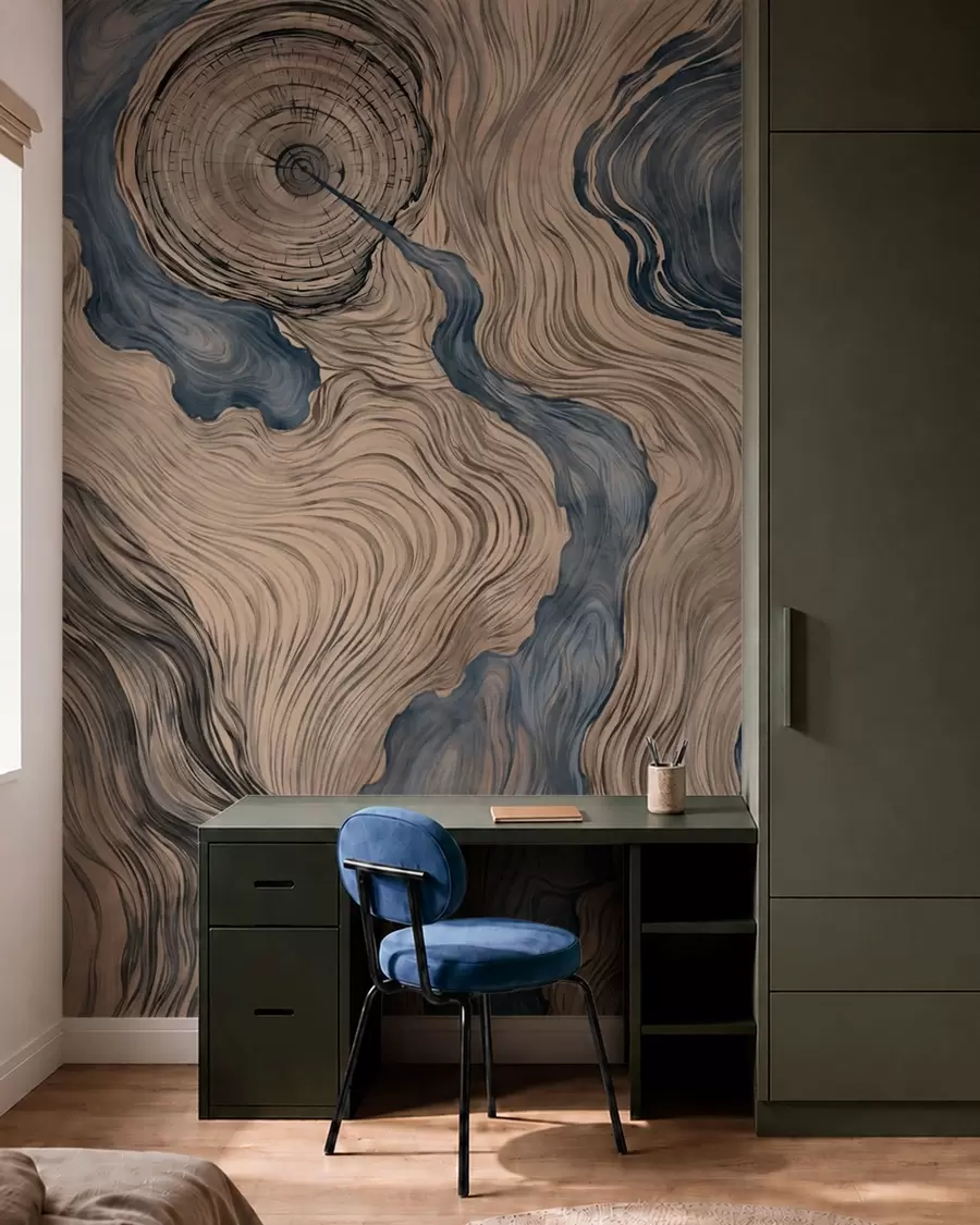 Fotobehang Een abstract patroon met een lineair houtnerfmotief in blauwtinten w05729v1