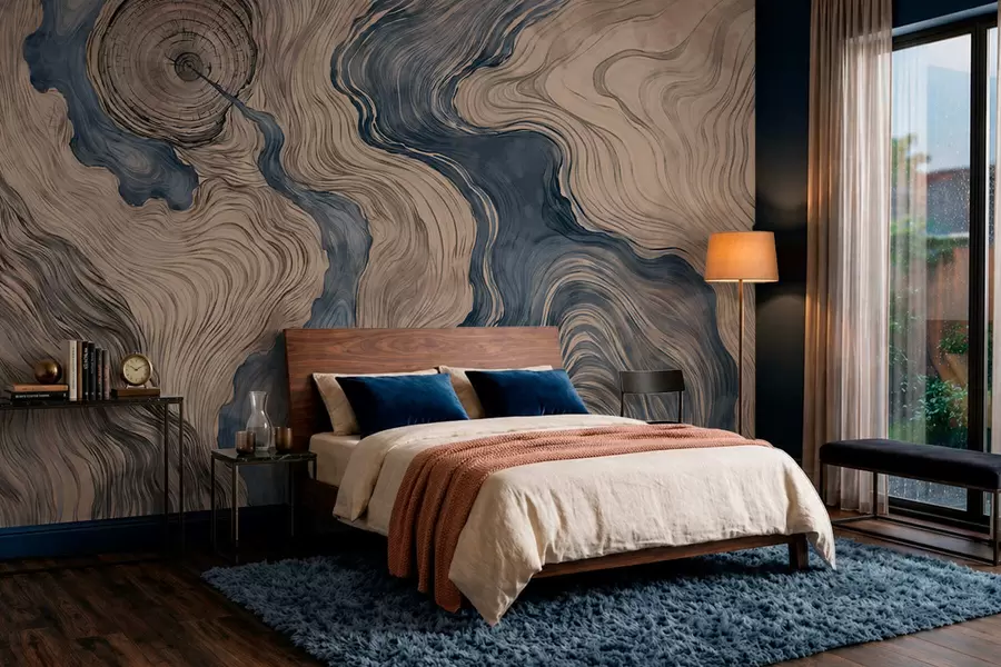 Fotobehang Een abstract patroon met een lineair houtnerfmotief in blauwtinten w05729v1