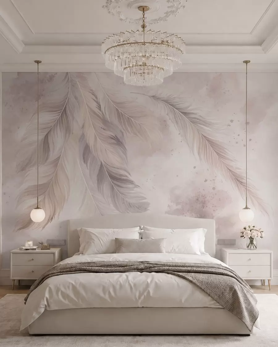 Fotobehang Fijne veren tegen een pastelkleurige aquarelachtergrond w05737