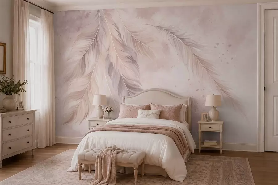 Fotobehang Fijne veren tegen een pastelkleurige aquarelachtergrond w05737