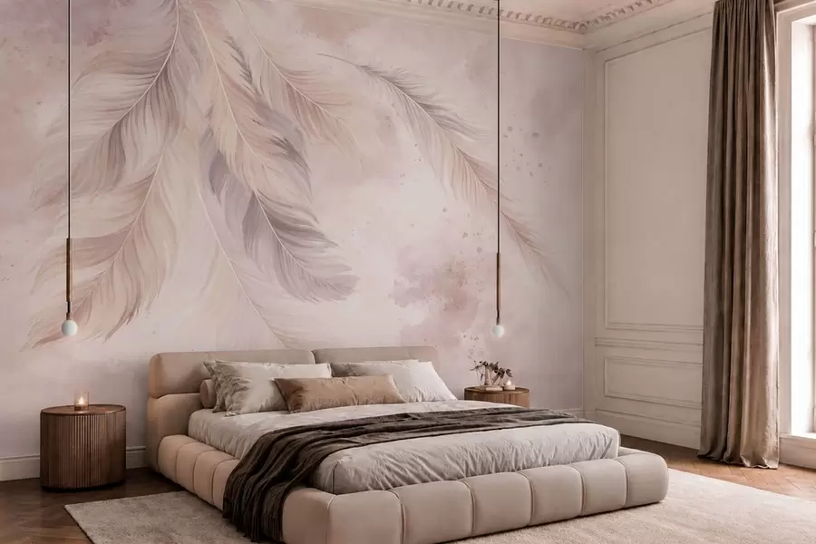 Fotobehang Fijne veren tegen een pastelkleurige aquarelachtergrond w05737