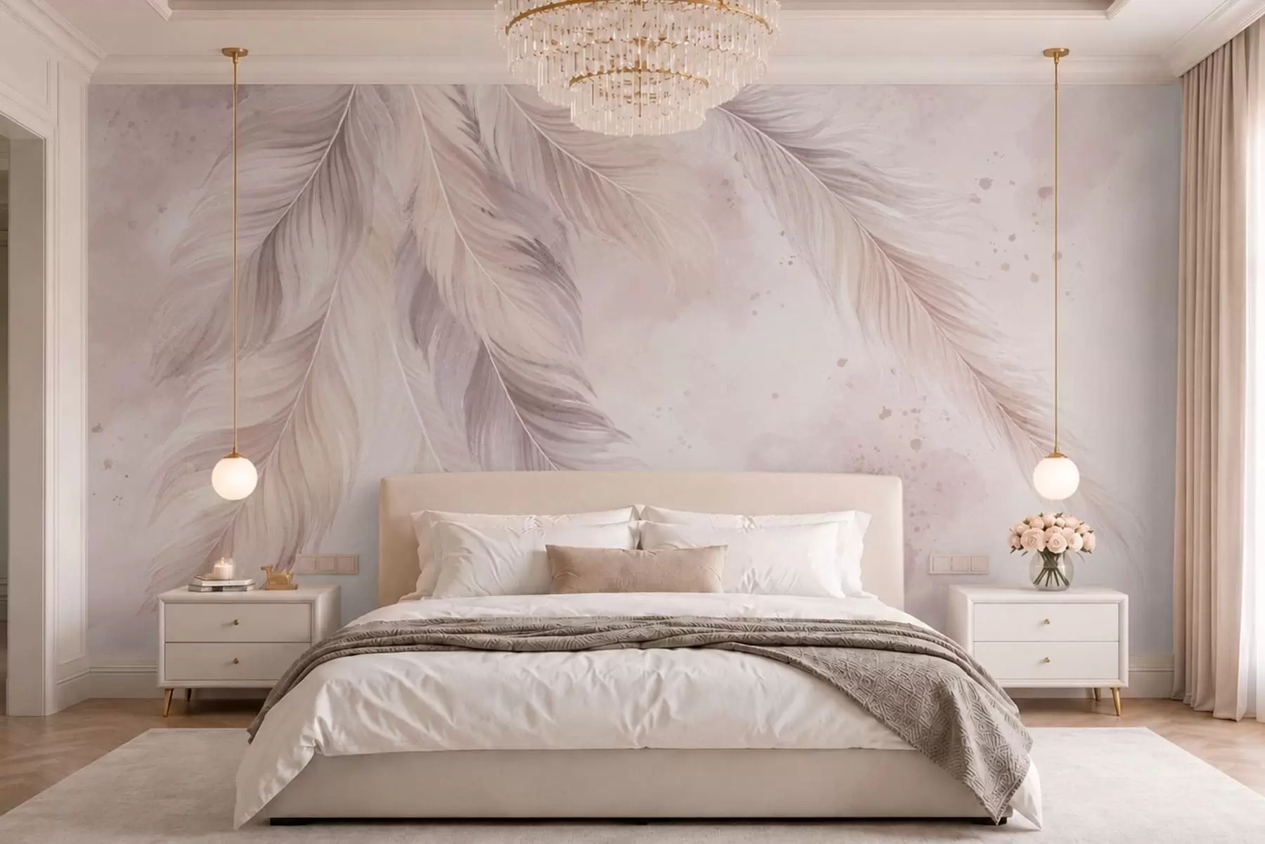 Fotobehang Fijne veren tegen een pastelkleurige aquarelachtergrond w05737