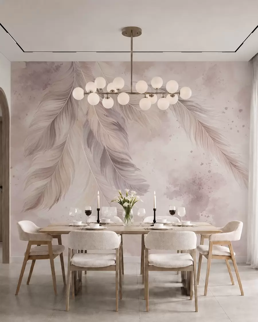Fotobehang Fijne veren tegen een pastelkleurige aquarelachtergrond w05737