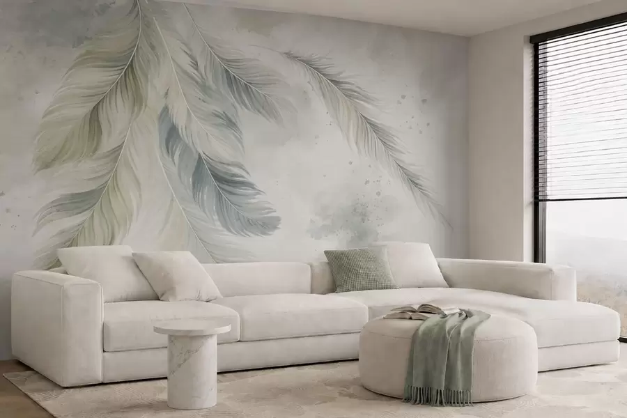 Fotobehang Lichtgekleurde veren op een delicate aquarelachtergrond w05737v2
