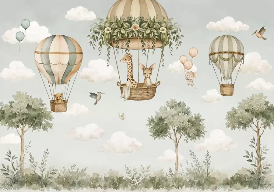 Fotobehang Heteluchtballonnen met een giraf, een kangoeroe, een beer en andere dieren tussen de wolken en bomen w05738