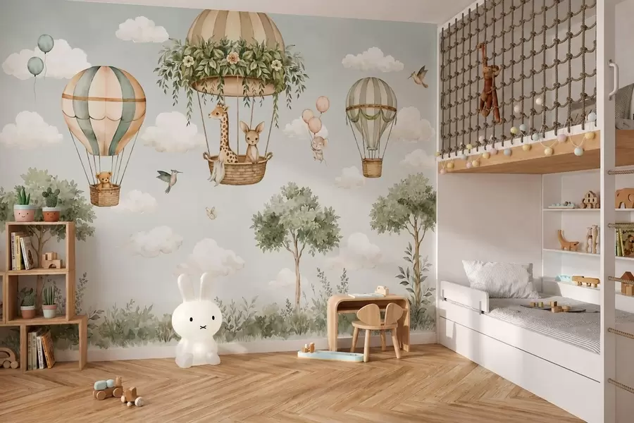 Fotobehang Heteluchtballonnen met een giraf, een kangoeroe, een beer en andere dieren tussen de wolken en bomen w05738