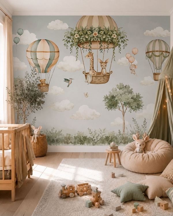 Fotobehang Heteluchtballonnen met een giraf, een kangoeroe, een beer en andere dieren, Fotobehang kinderen, Fotobehang ballonnen, w05738 : Uwalls.nl