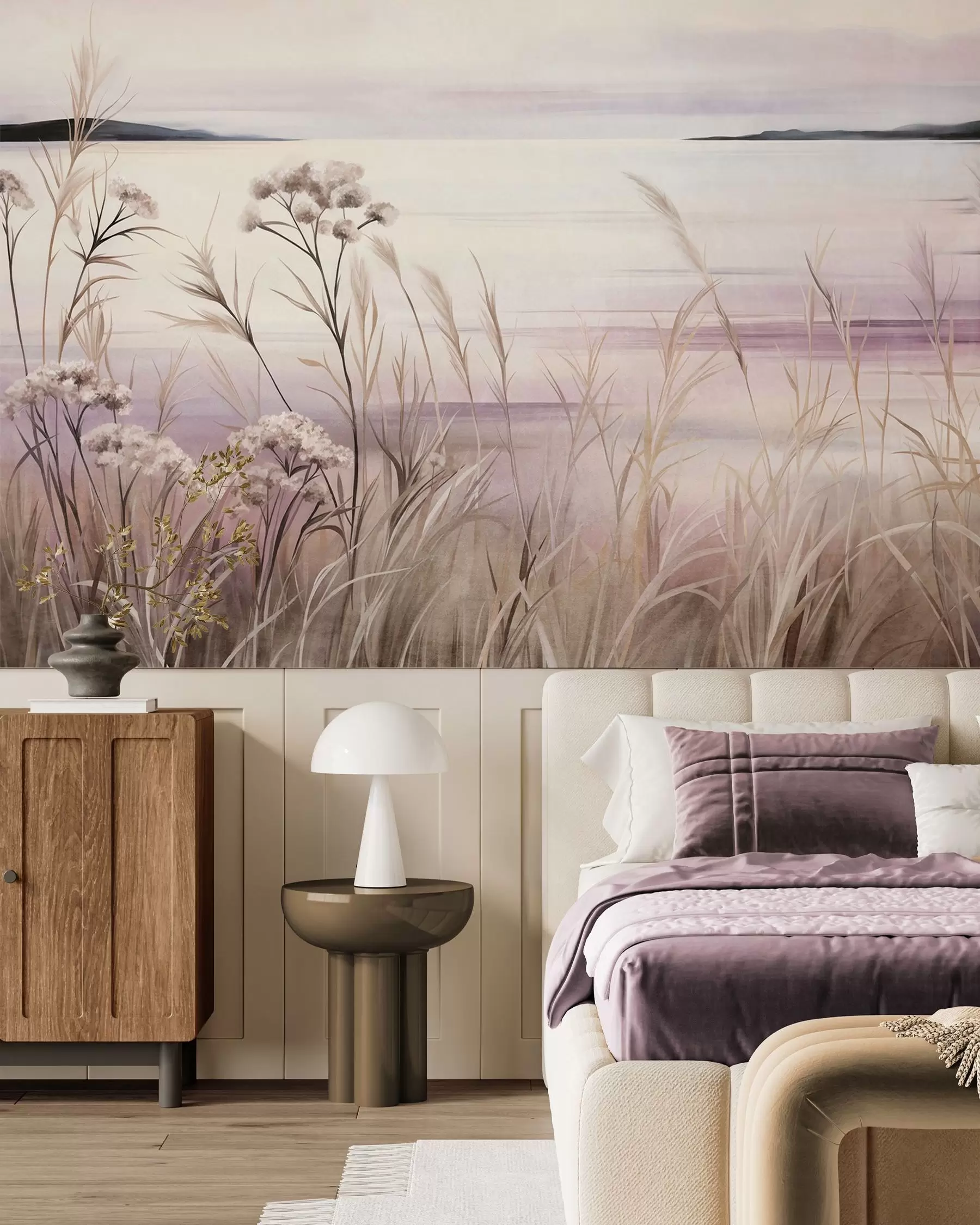 Fotobehang Gedroogde bloemen met een landschappelijke textuur en hoog gras bij de rivier, een zachte, pastelkleurige lucht w09939