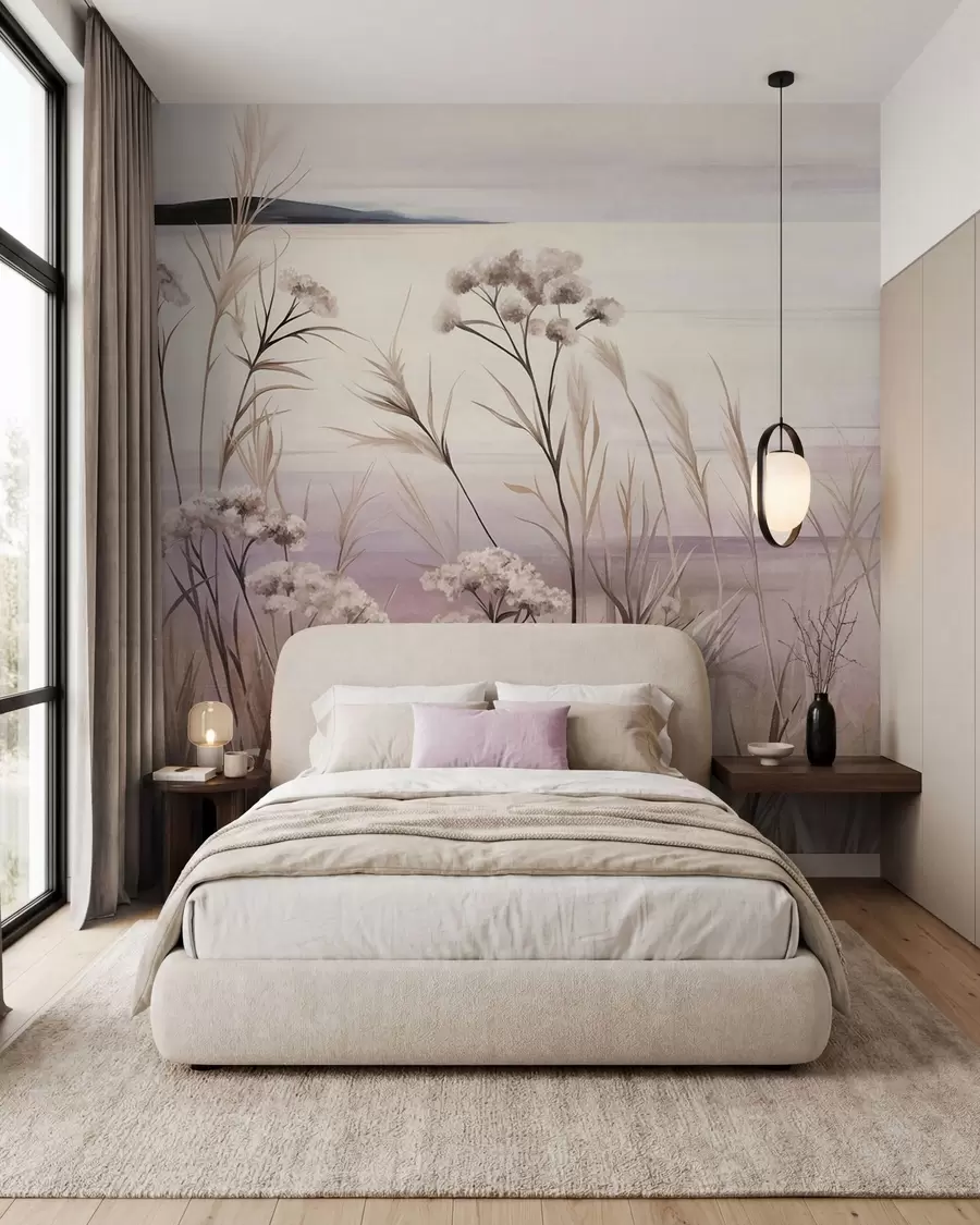 Fotobehang Gedroogde bloemen met een landschappelijke textuur en hoog gras bij de rivier, een zachte, pastelkleurige lucht w09939