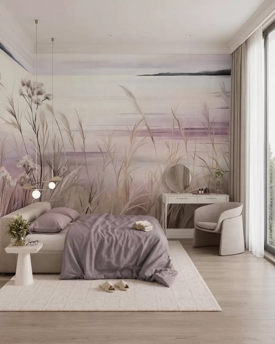 Fotobehang Gedroogde bloemen met een landschappelijke textuur en hoog gras bij de rivier, een zachte, pastelkleurige lucht w09939