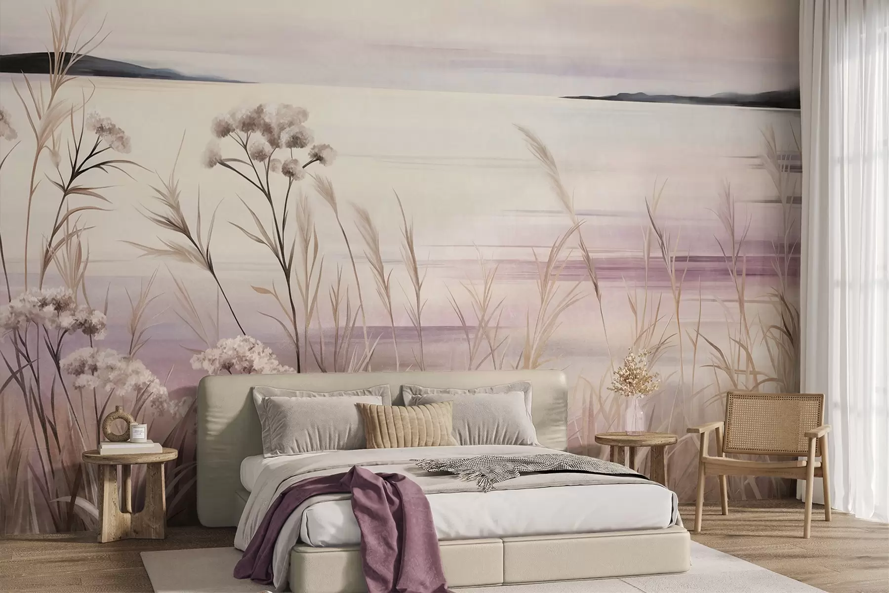 Fotobehang Gedroogde bloemen met een landschappelijke textuur en hoog gras bij de rivier, een zachte, pastelkleurige lucht w09939