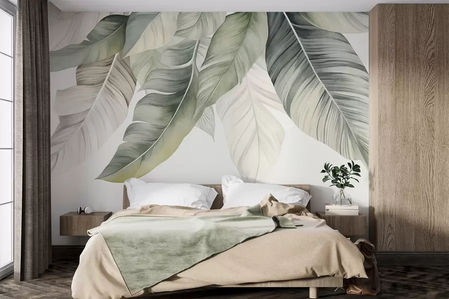 Fotobehang Grote, lichtgroene bananenbladeren met gedetailleerde nerven, kunst met textuur, lichte achtergrond w09941