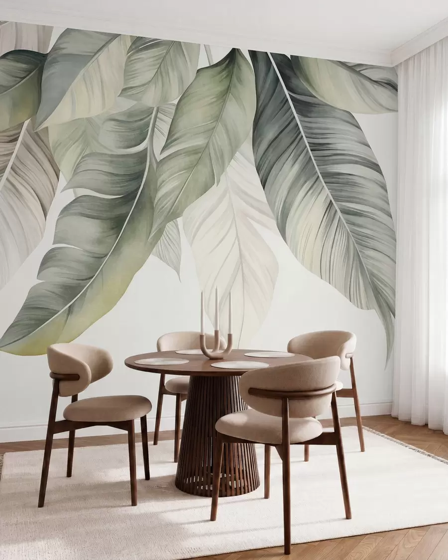 Fotobehang Grote, lichtgroene bananenbladeren met gedetailleerde nerven, kunst met textuur, lichte achtergrond w09941