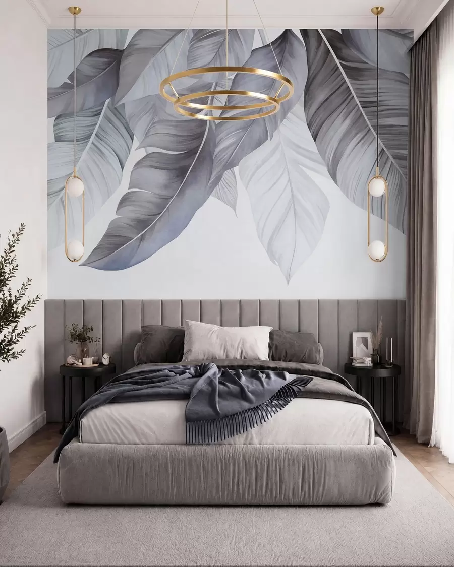 Fotobehang Grote, lichtblauwe bananenbladeren met gedetailleerde nerven, kunst met textuur, lichte achtergrond w09941v1