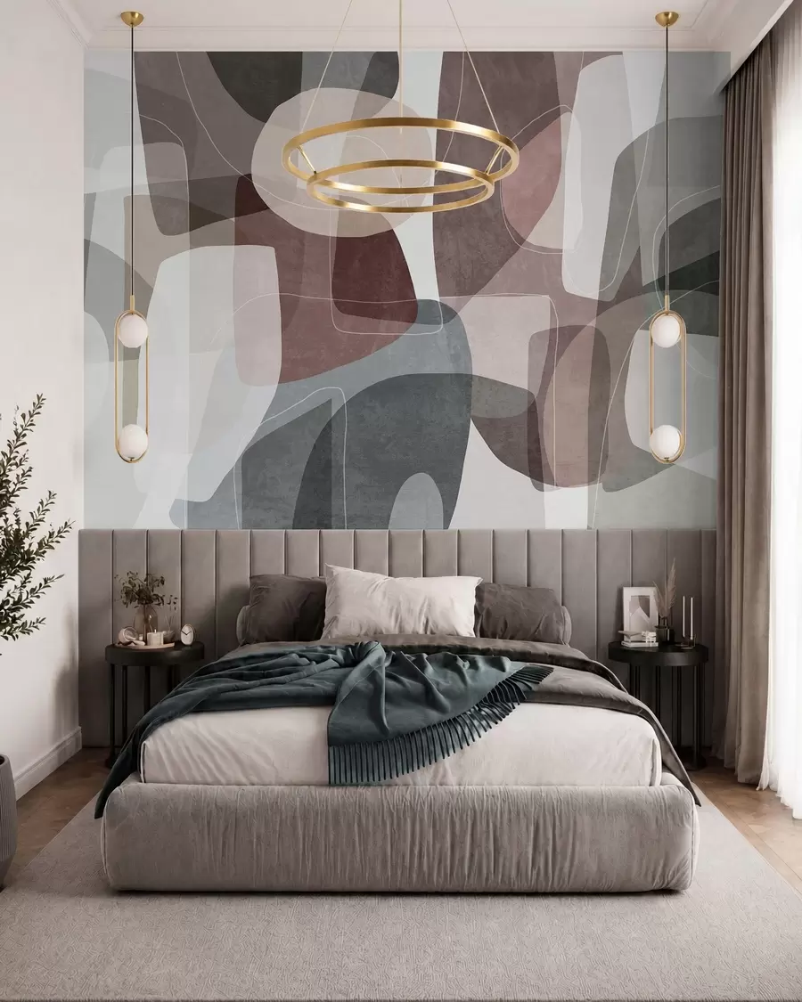 Fotobehang Abstracte vormen in ingetogen aardetinten met dunne witte lijnen en overlappende texturen w09942