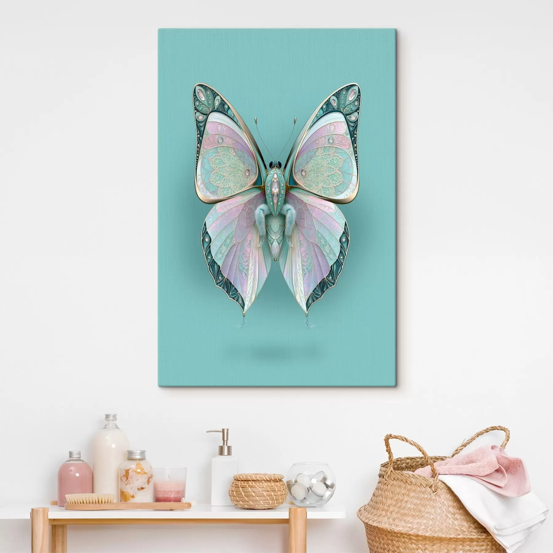  Schilderijen Een vlinder in de stijl van kostbare sieraden tegen een turquoise achtergrond s49864