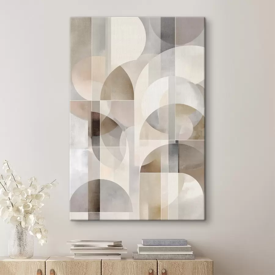  Schilderijen Een minimalistische, geometrische, abstracte compositie, uitgevoerd in een palet van zachte tinten beige, crème, grijsbruin en grijsbeige s49877