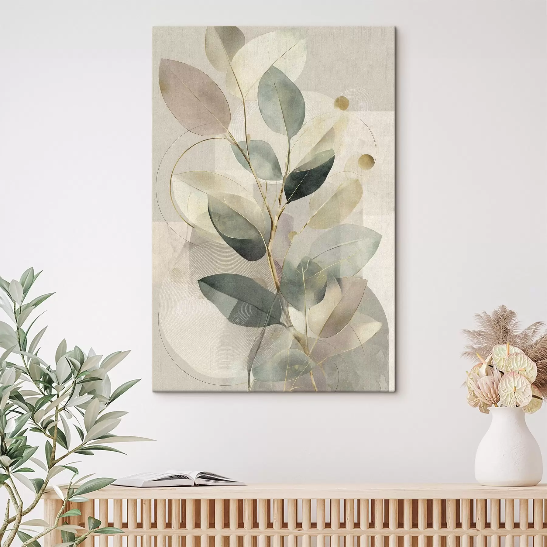  Schilderijen Minimalistische, botanisch-abstracte kunst, een elegante olijftak met delicate saliegroene en warmbeige bladeren s49878