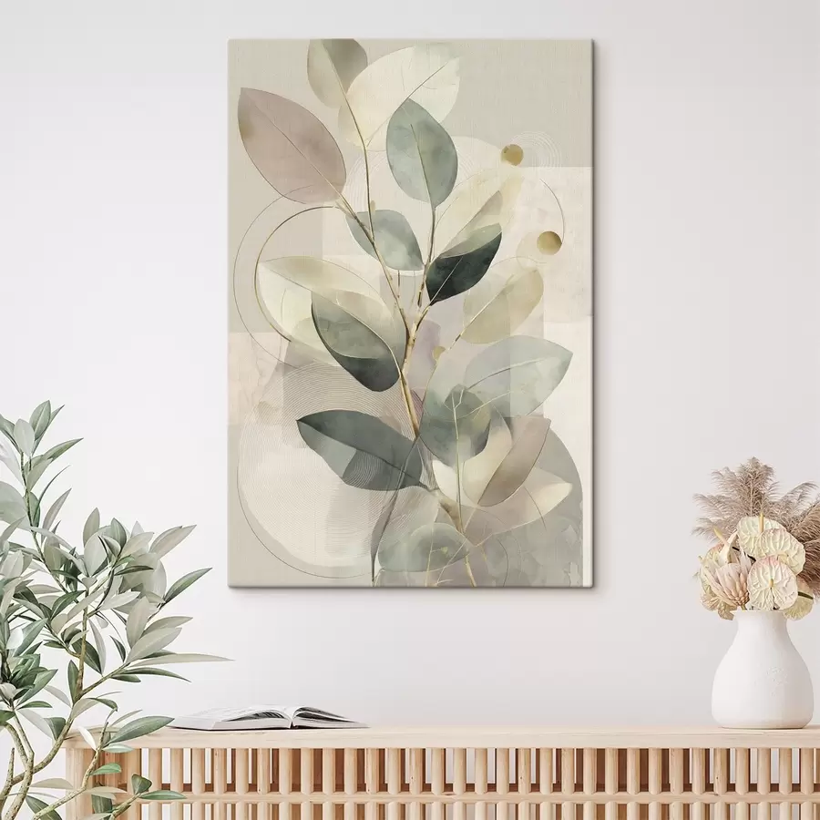 Schilderijen Minimalistische, botanisch-abstracte kunst, een elegante olijftak met delicate saliegroene en warmbeige bladeren s49878