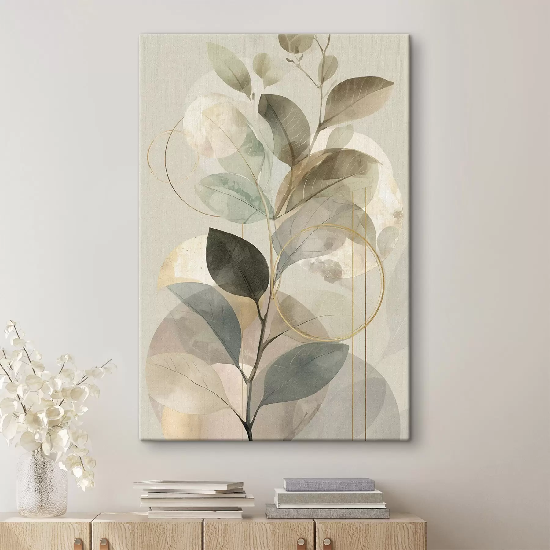  Schilderijen Minimalistische, botanisch-abstracte kunst, een elegante olijftak met delicate saliegroene en warmbeige bladeren s49879