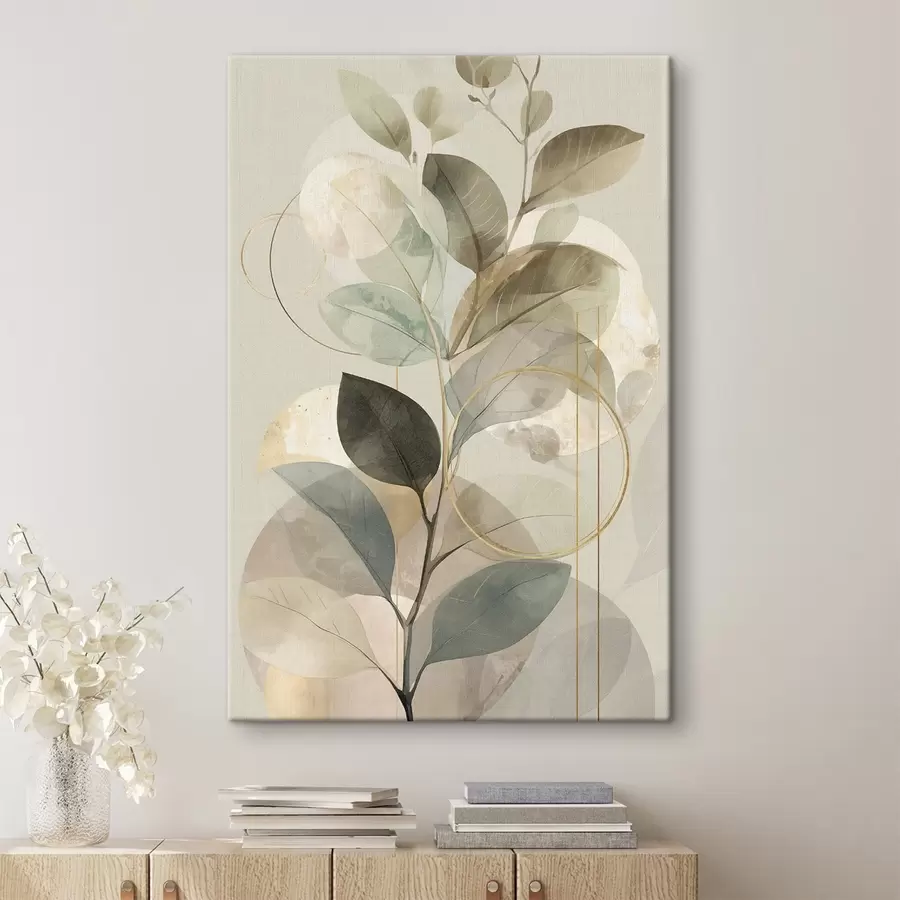  Schilderijen Minimalistische, botanisch-abstracte kunst, een elegante olijftak met delicate saliegroene en warmbeige bladeren s49879