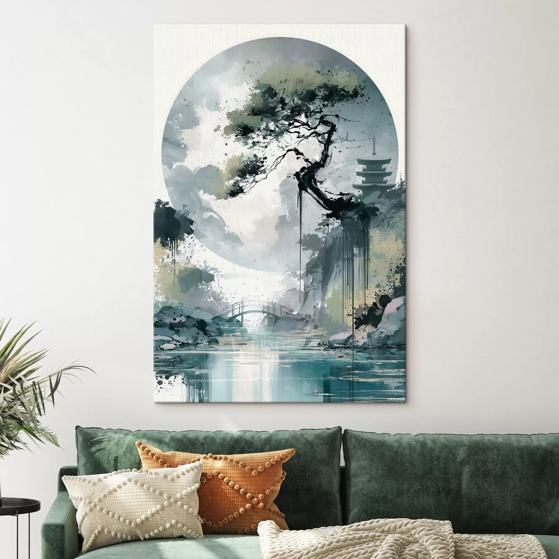  Schilderijen Een landschap in Japanse sumi-e-stijl met een slanke dennenboom, een brug en een pagode tegen de achtergrond van rustig water s49881