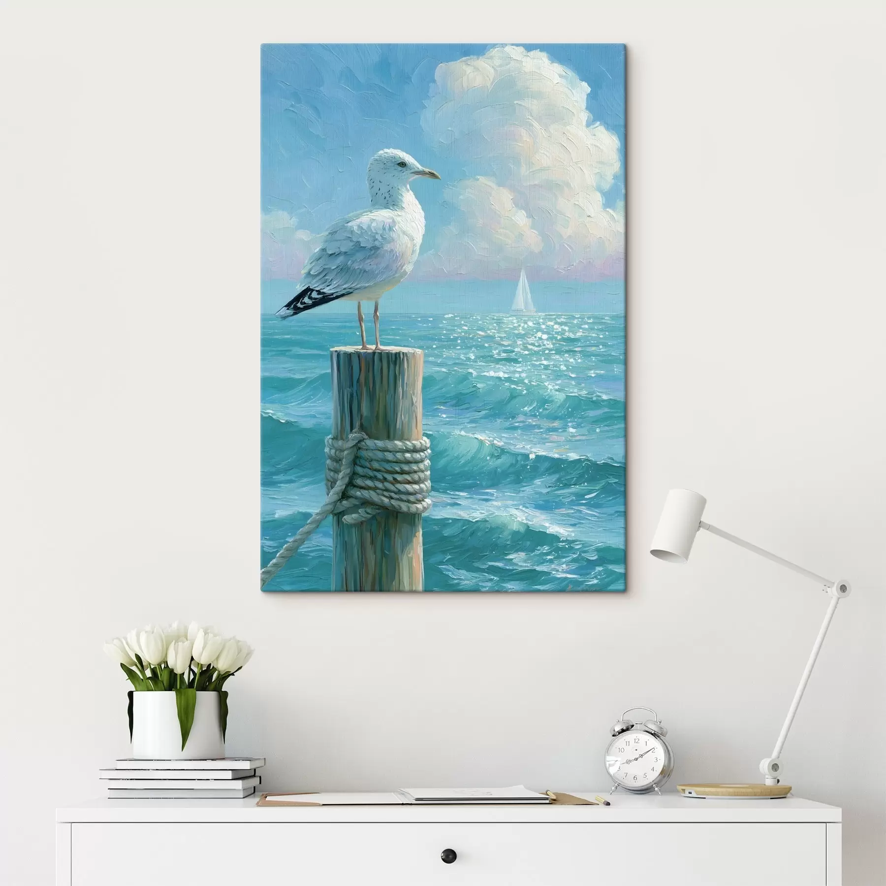  Schilderijen Een majestueuze zeemeeuw zat op een verweerde houten steigerpaal, geschilderd in impasto-stijl s49882