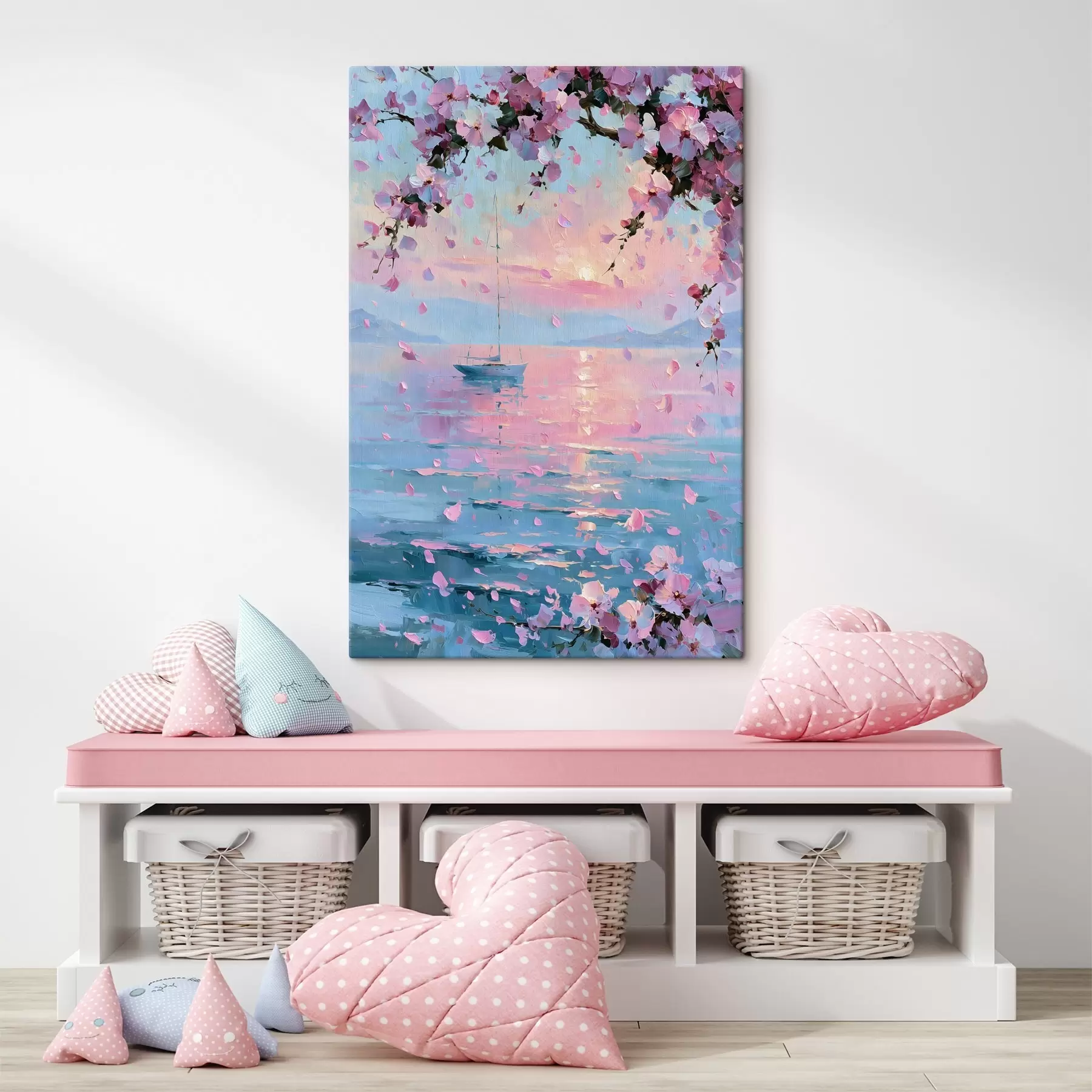  Schilderijen Een elegant wit jacht op zee bij zonsondergang, onder de bloeiende takken van een roze sakuraboom, in de stijl van een olieverfschilderij s49883