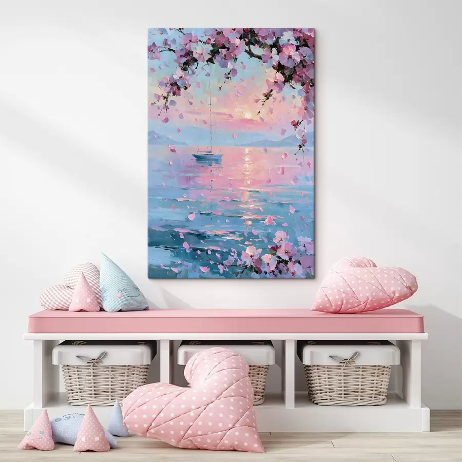  Schilderijen Een elegant wit jacht op zee bij zonsondergang, onder de bloeiende takken van een roze sakuraboom, in de stijl van een olieverfschilderij s49883
