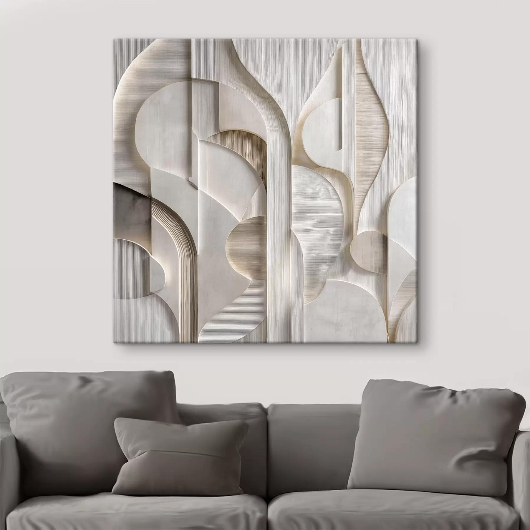  Schilderijen Een abstracte compositie in reliëfstijl, waarin vormen en lagen in zachte grijs-beige tinten worden nagebootst s49887