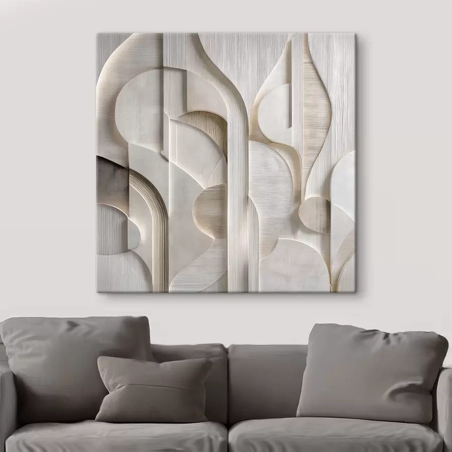  Schilderijen Een abstracte compositie in reliëfstijl, waarin vormen en lagen in zachte grijs-beige tinten worden nagebootst s49887