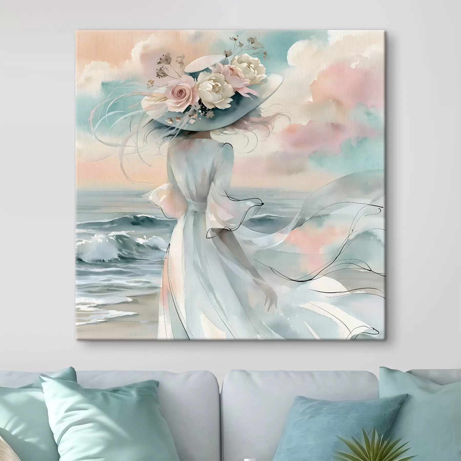  Schilderijen Een romantisch meisje met een hoed met bloemenmotief aan de kust, in aquarelstijl s49890