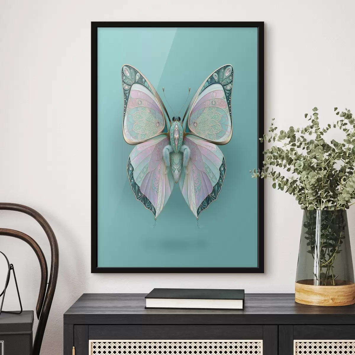 Poster Een vlinder in de stijl van kostbare sieraden tegen een turquoise achtergrond f49864