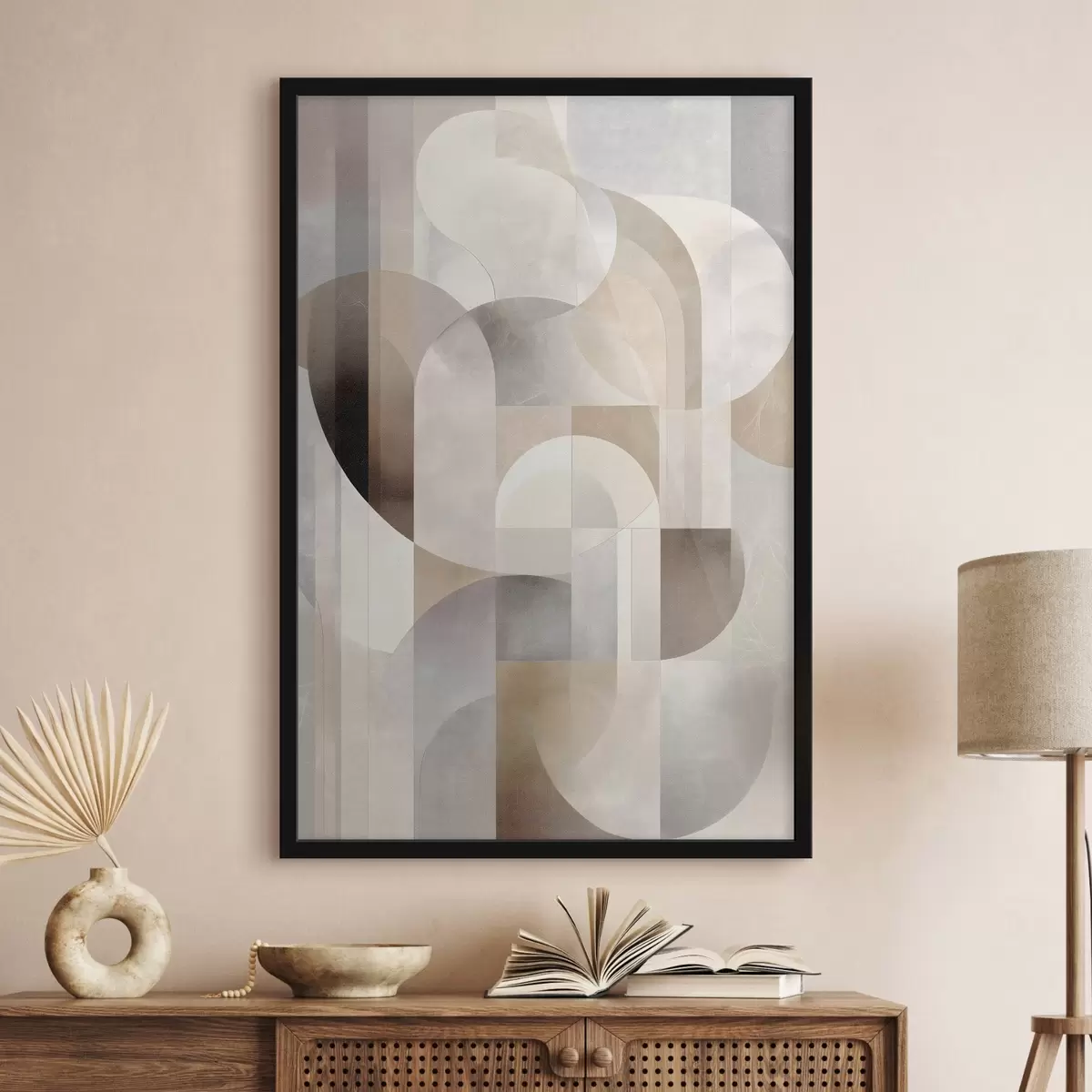 Poster Een minimalistische, geometrische, abstracte compositie, uitgevoerd in een palet van zachte tinten beige, crème, grijsbruin en grijsbeige f49876