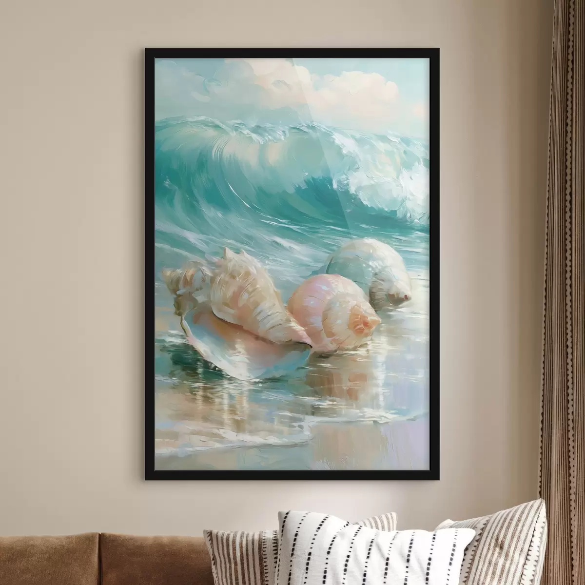Poster Een rustig stilleven aan de kust: drie delicate schelpen die op glad, vochtig zand aan de oceaan liggen, geschilderd in olieverfstijl f49884