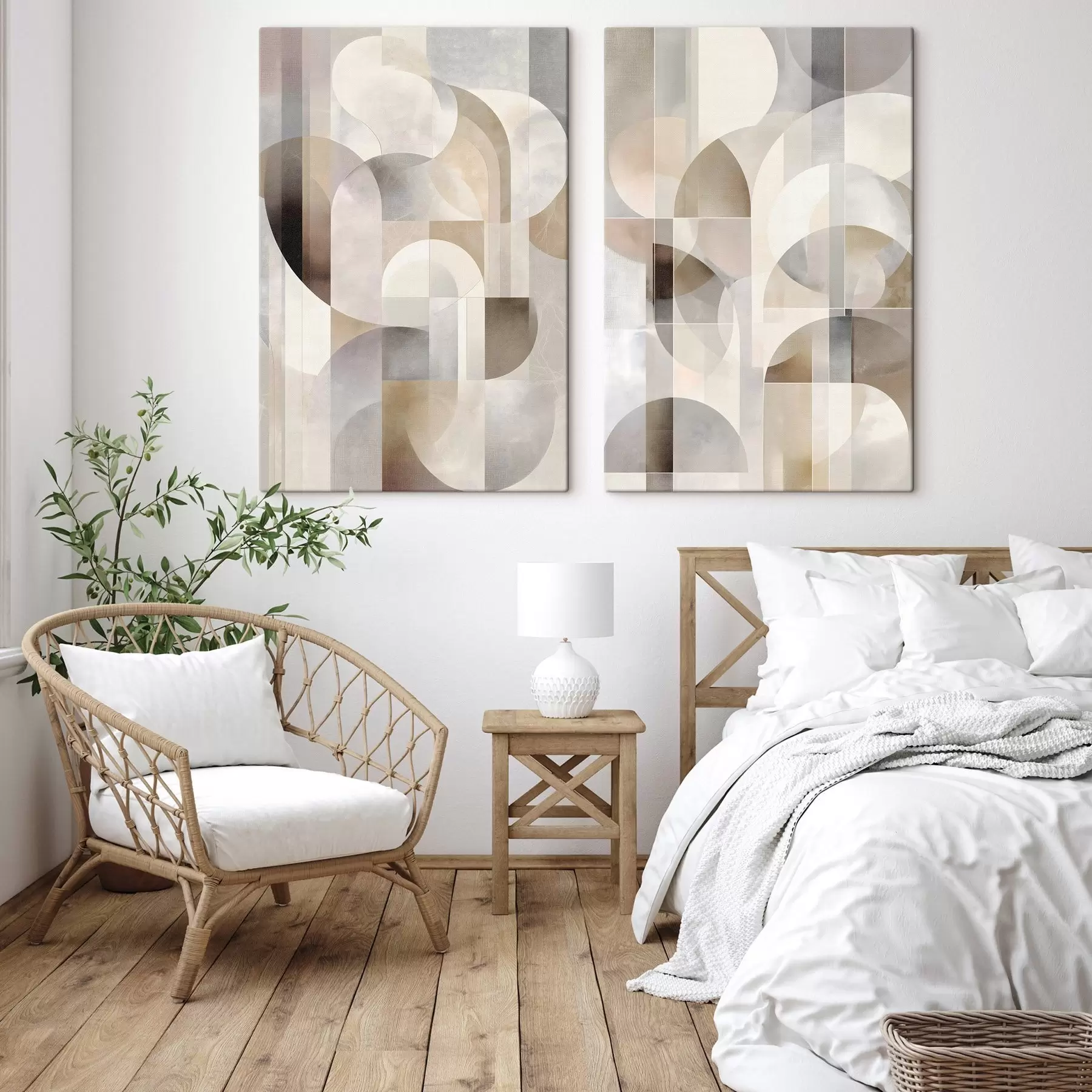  Schilderijen Een minimalistische, geometrische, abstracte compositie, uitgevoerd in een palet van zachte tinten beige, crème, grijsbruin en grijsbeige m30725
