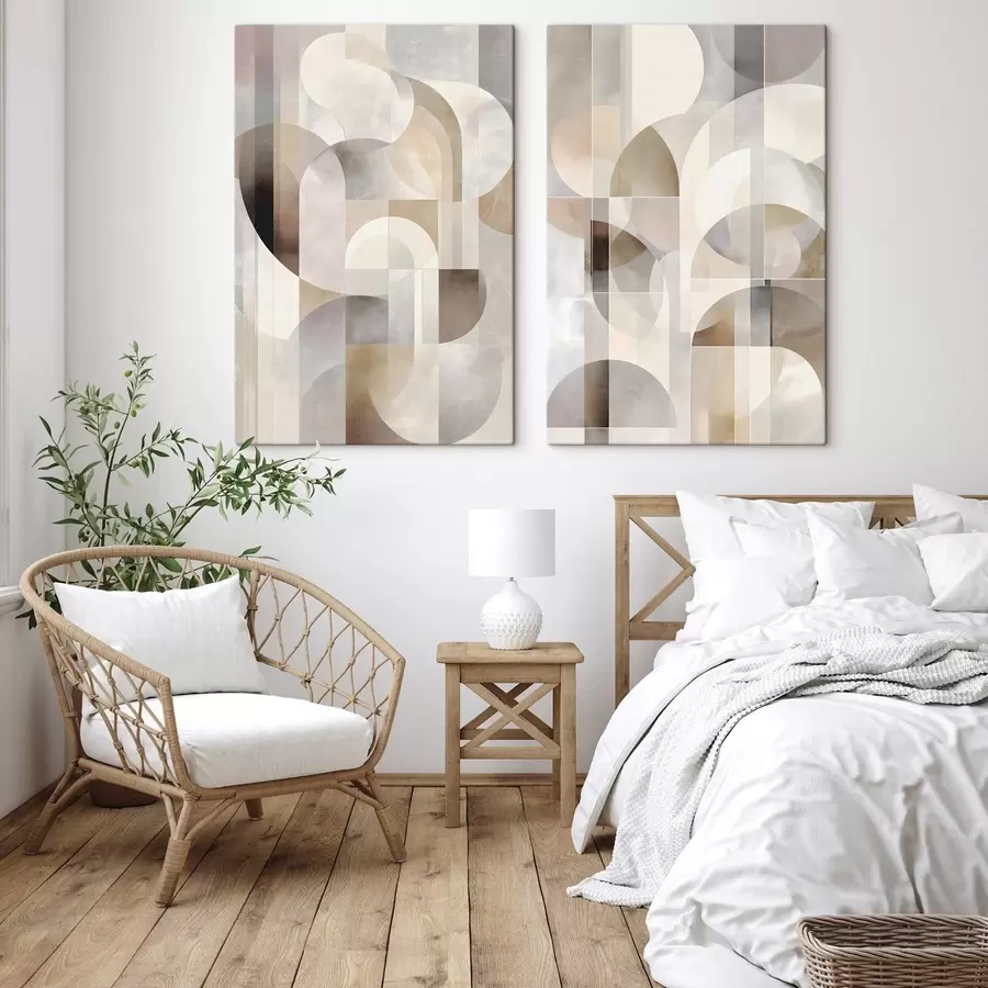  Schilderijen Een minimalistische, geometrische, abstracte compositie, uitgevoerd in een palet van zachte tinten beige, crème, grijsbruin en grijsbeige m30725