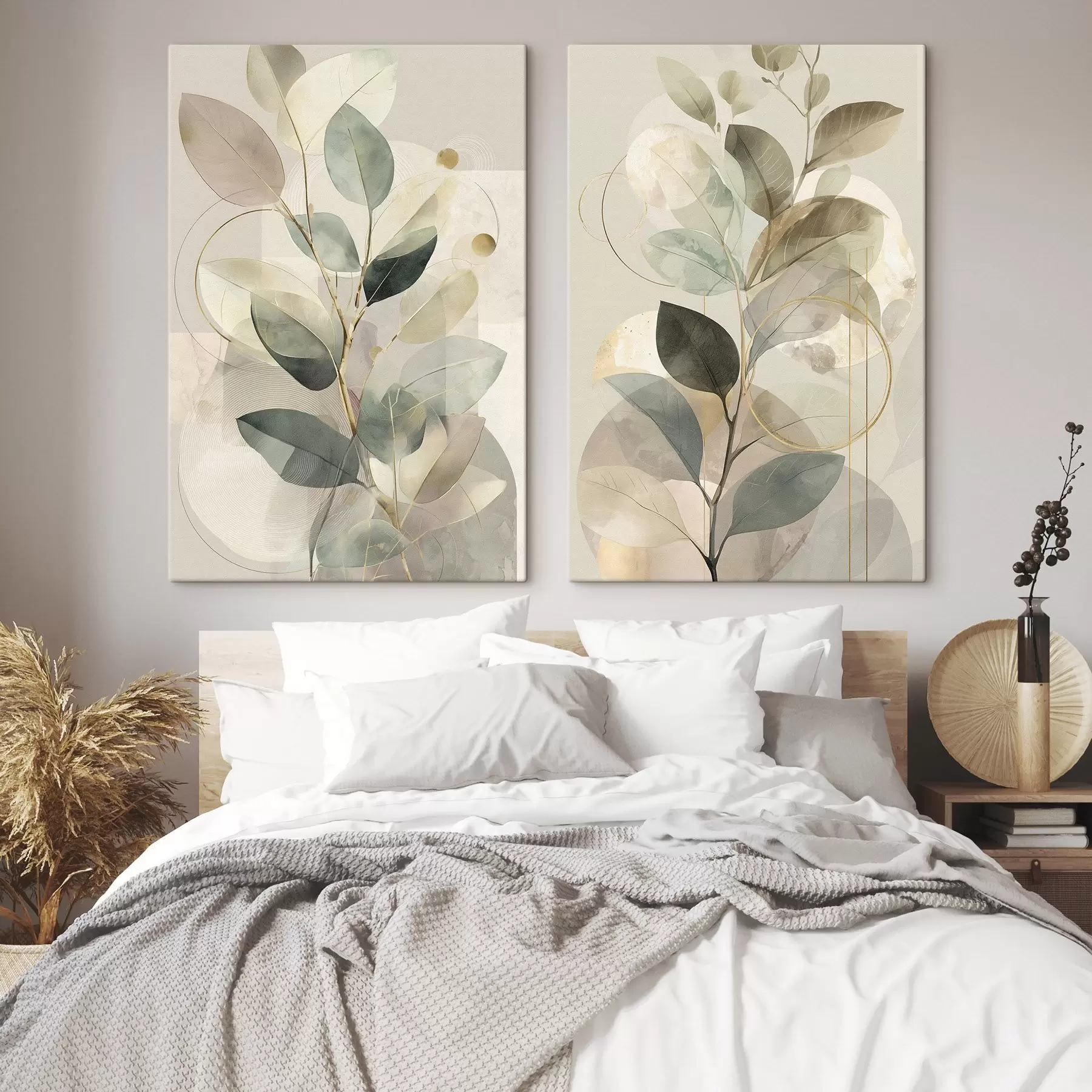  Schilderijen Minimalistische, botanisch-abstracte kunst, een elegante olijftak met delicate saliegroene en warmbeige bladeren m30726