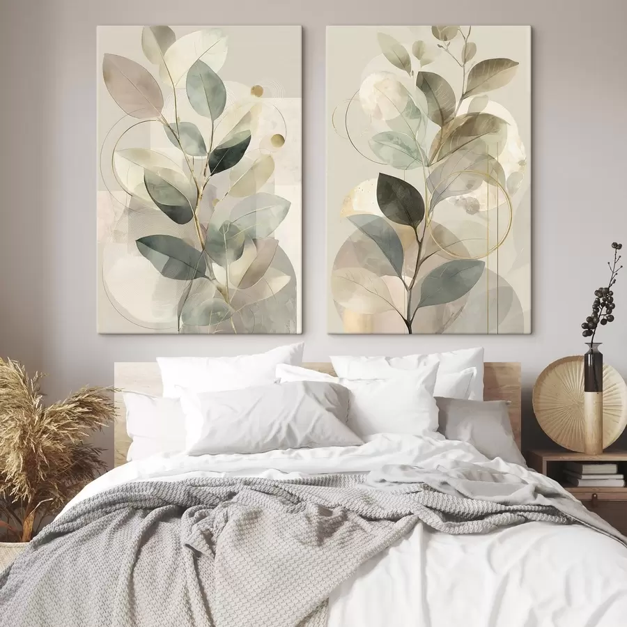  Schilderijen Minimalistische, botanisch-abstracte kunst, een elegante olijftak met delicate saliegroene en warmbeige bladeren m30726