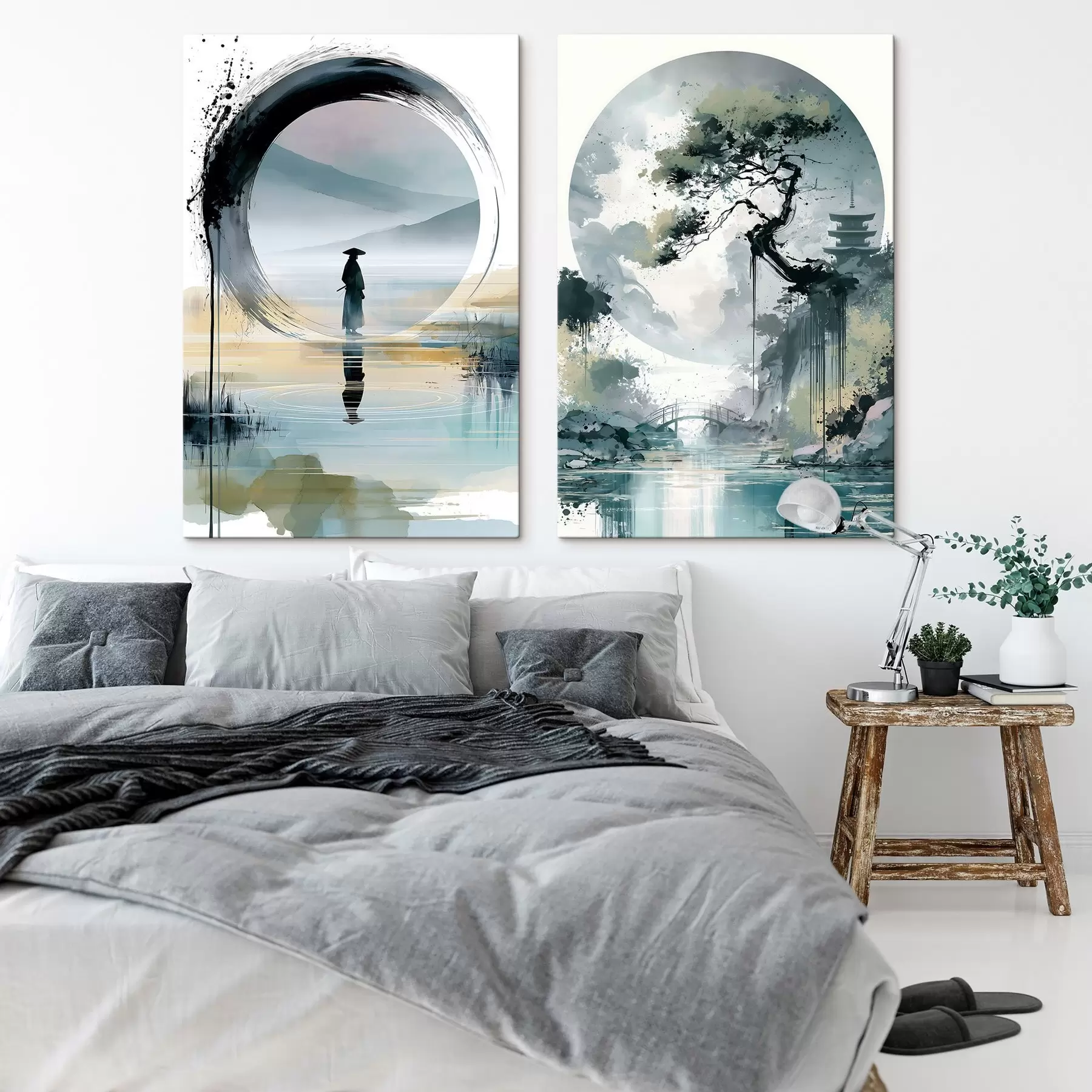  Schilderijen Een landschap in Japanse sumi-e-stijl met een slanke dennenboom, een brug en een pagode tegen een achtergrond van rustig water; een samoerai, een enso-cirkel, een landschap in aquarel m30727