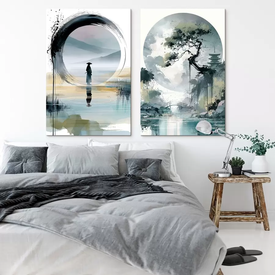  Schilderijen Een landschap in Japanse sumi-e-stijl met een slanke dennenboom, een brug en een pagode tegen een achtergrond van rustig water; een samoerai, een enso-cirkel, een landschap in aquarel m30727