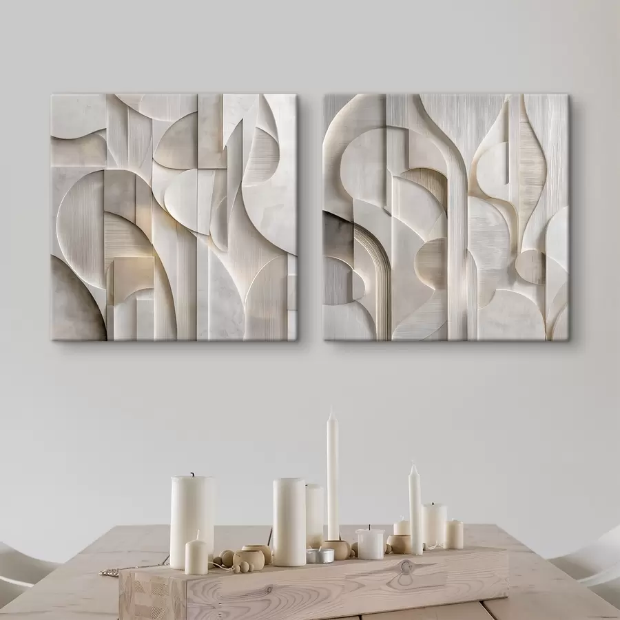  Schilderijen Een abstracte compositie in reliëfstijl, waarin vormen en lagen in zachte grijs-beige tinten worden nagebootst m30728