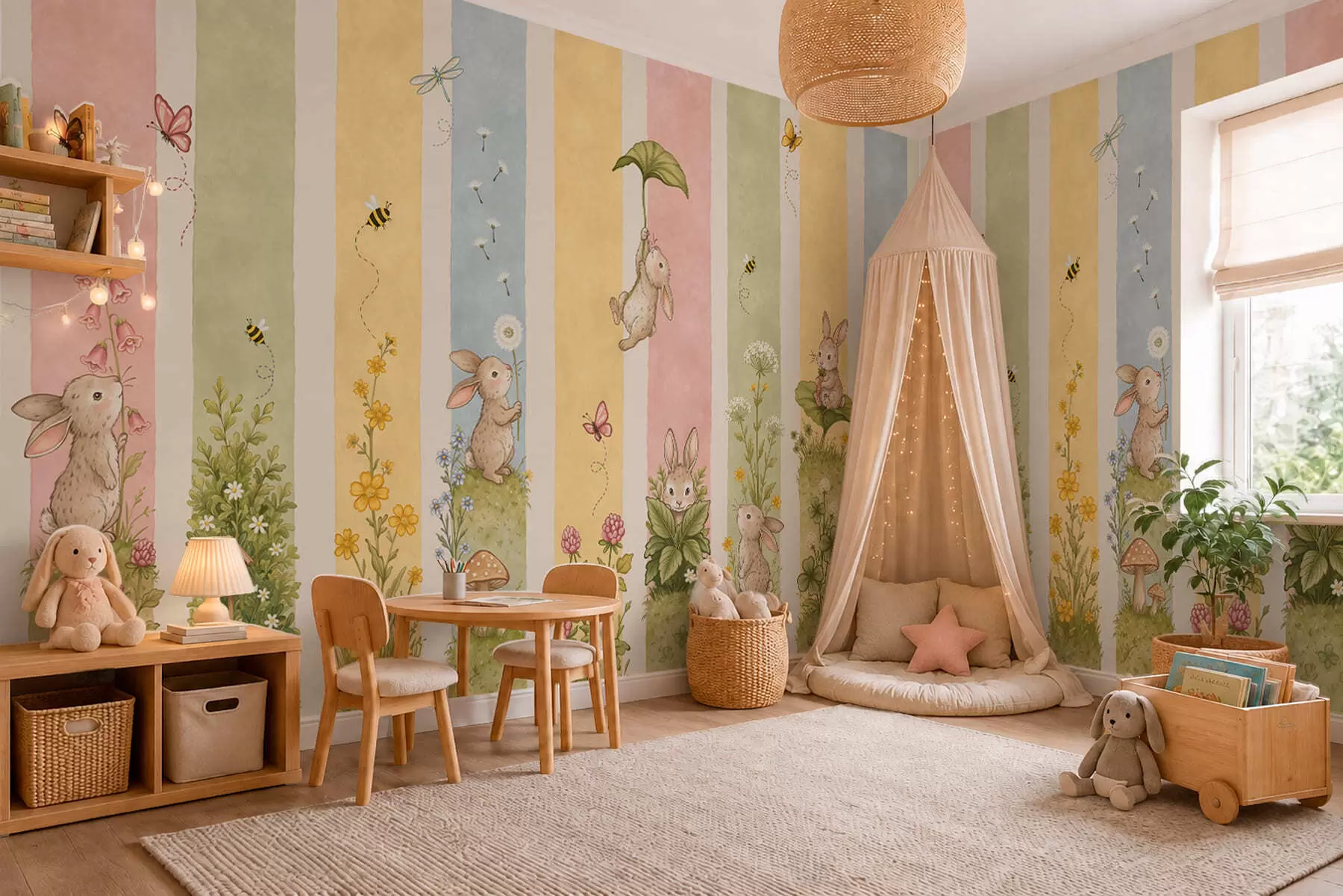Fotobehang Pastelkleurige strepen met konijntjes, bloemen, vlinders en bijen w05730